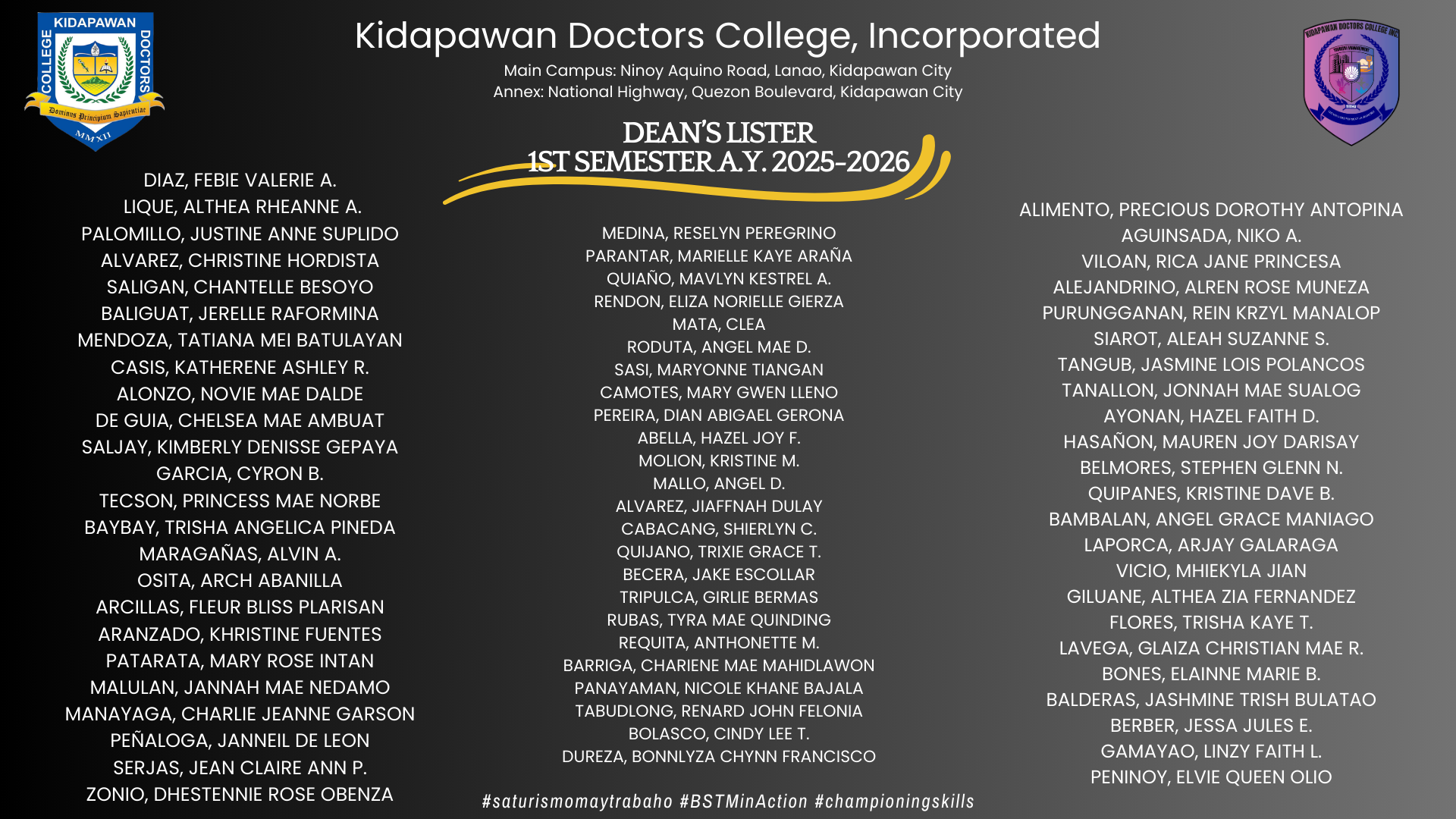 KDCI-KATURISMO Proudly Congratulates 72 Dean's Listers for 1st Semester, AY 2025-2026!